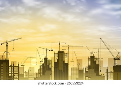 A Construction Site with Lots of Tower Cranes with Sunset, Sunrise. Vector EPS 10