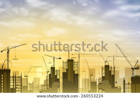 A Construction Site with Lots of Tower Cranes with Sunset, Sunrise. Vector EPS 10