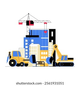 Construction Site With Machinery And Buildings In Flat Vector Illustration Symbolizing Urban Development, Infrastructure, And Building Projects, Isolated On White Background.