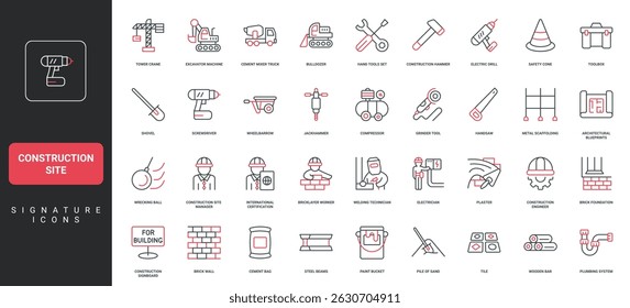 Construction site machinery and equipment, work of engineer and worker electrician line icon set. Tower crane and excavator, concrete mixer, plumbing thin black and red symbols vector illustration