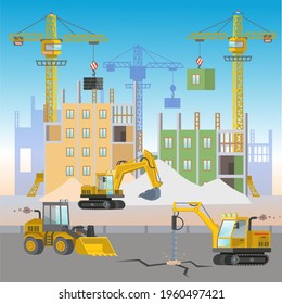 Construction site with construction machines: crane, drill, loader bulldozer, drilling tractor.Flat vector illustration.