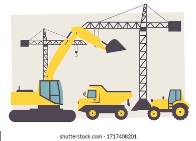 Construction Site, Construction Machines. Flat Vector Illustration. EPS 10. 