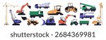 Construction site machines set. Different cars of building industry: tower crane, excavator, bulldozer, road roller, mixer and dump trucks, loader, tractor. Flat isolated vector illustrations on white