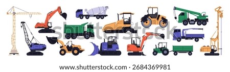 Construction site machines set. Different cars of building industry: tower crane, excavator, bulldozer, road roller, mixer and dump trucks, loader, tractor. Flat isolated vector illustrations on white