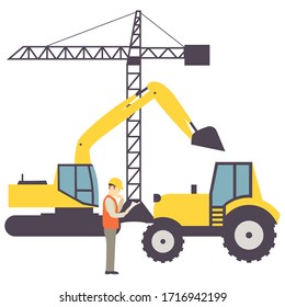 Construction site, construction machines and worker on transparent background. EPS 10. 
