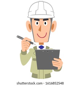 Construction site man with clipboard and pen