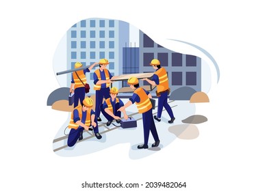 Construction site manager showing details to worker Illustration concept. Flat illustration isolated on white background.
