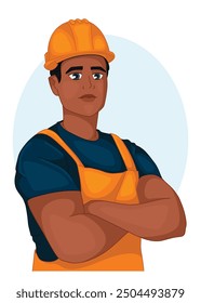 Gerente de sitio de construcción de pie con los brazos doblados usando casco de seguridad