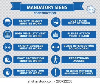 Construction Site Mandatory Signs (face shield hard hat must be worn, high visibility vest, safety goggles, pedestrian walkway, gloves, boots, all accidents must report, bind intersection sound horn)
