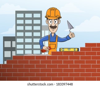 Construction site mason worker in helmet building red brick wall with trowel vector illustration