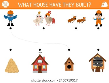 Construction site matching activity with animal and bird builders and houses they built. Building works puzzle. Match the objects game, printable worksheet. Repair service match up page
