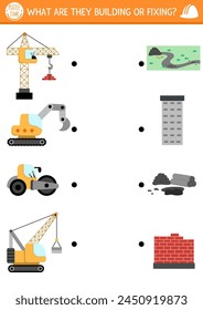 Construction site matching activity with special technics and the objects they are fixing or building. Building works puzzle, game, printable worksheet. Repair service match up page
