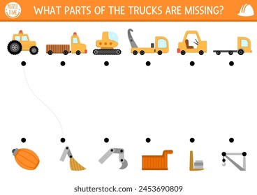 Construction site matching activity with special technics and missing parts. Building works puzzle. Match the object game, printable worksheet. Repair service match up page with truck, bulldozer