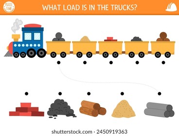 Construction site matching activity with train and different materials in cars. Building works puzzle, game, printable worksheet. Repair service match up page with bricks, soil, sand, wood, pipes
