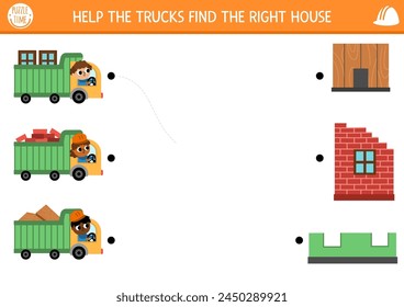 Actividad de emparejamiento de obra con camiones cargados de diferentes materiales y casas. La construcción funciona el rompecabezas. Coincidir con el juego de objetos, hoja de trabajo imprimible. Página Servicio de reparación: confrontación

