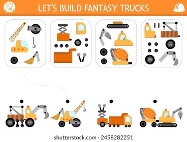 Construction site matching, logical activity with fantasy special technics and its components. Assemble truck from its spare parts puzzle. Match parts and whole object game, printable worksheet
