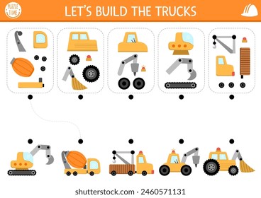 Construction site matching and logical activity with special technics and its components. Assemble the truck from its spare parts puzzle. Match the parts and whole object game, printable worksheet
