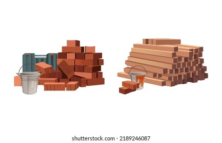 Construction Site Materials with Pile of Bricks, Wooden Bars and Bucket Vector Set