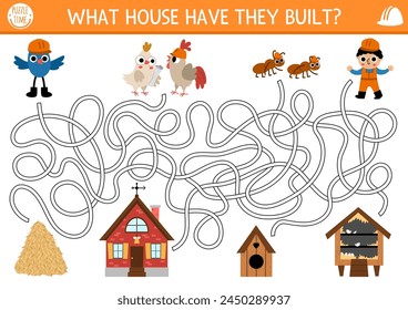 Construction site maze for kids with animals and builder, houses they built. Building works preschool printable activity, labyrinth game, puzzle with worker, birds, homes made of different material
