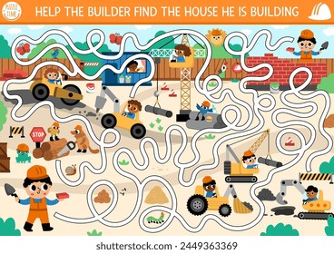 Construction site maze for kids with industrial landscape, builder, special cars, technics, bulldozer, crane, truck. Building works preschool printable activity. Repair service labyrinth game, puzzle