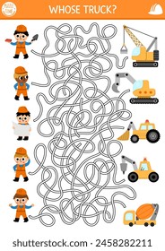 Construction site maze for kids with workers and their trucks. Building works preschool printable activity, labyrinth game, puzzle with excavator, tractor, concrete mixer, bulldozer and builders
