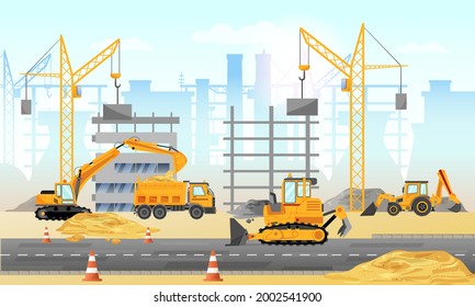 Lugar de construcción con equipo de construcción mecanizado y maquinaria. Construcción de edificios modernos. Ilustración del vector