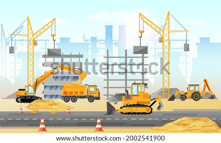 Construction site with construction mechanized and machinery equipment. Construction of modern buildings. Vector illustration