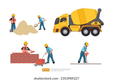 Construction site. Mixer cement truck heavy vehicle and Builder or worker set. Drilling with Jackhammer, Building Brick Wall work. Vector illustration in flat style.