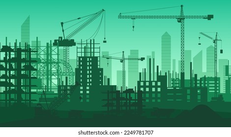 Lugar de construcción, moderno perfil urbano. Paisaje urbano abstracto con siluetas de marcos de acero para rascacielos, grúas industriales ilustración vectorial plana. Proceso de construcción, concepto de desarrollo urbano