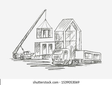 Construction Site Of Modular House With Crane And Machinery. Hand Drawn Isolated Vector.