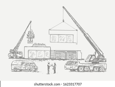 Construction Site Of Modular House With Crane And Machinery. Hand Drawn Isolated Vector.
