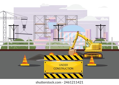 Construction site near the city, complete with caution signs, cones, excavator, crane, and scaffolding. Buildings and fences on the background under cloudy skies