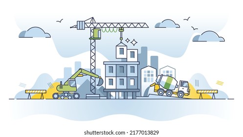 Construction site and new residential panel building house outline concept. Work with crane, concrete mixer and excavator vector illustration. Skyscraper town project development with heavy machinery.
