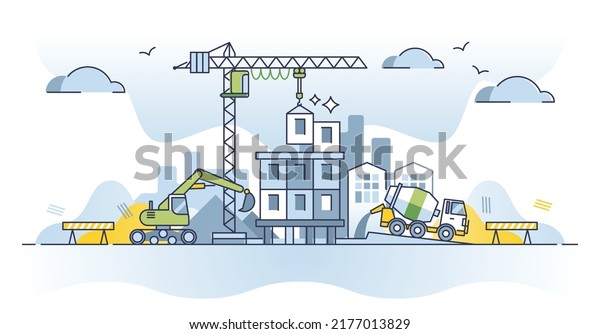 Construction site and new residential panel\
building house outline concept. Work with crane, concrete mixer and\
excavator vector illustration. Skyscraper town project development\
with heavy\
machinery.