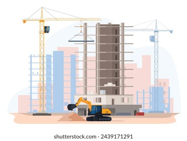 Construction site with overhead cranes. Construction of high-rise buildings in the city. Vector illustration