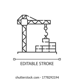 Construction site pixel perfect linear icon. Crane for building and lifting concrete. Thin line customizable illustration. Contour symbol. Vector isolated outline drawing. Editable stroke