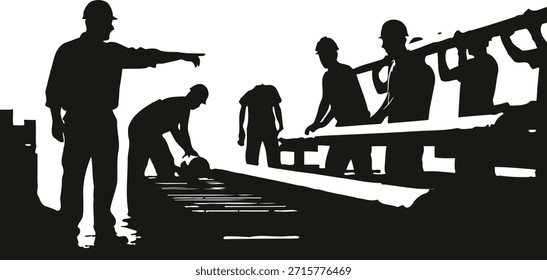 Ilustración vectorial de siluetas de planificación de obras de construcción con trabajadores discutiendo planos y proyectos de ingeniería.