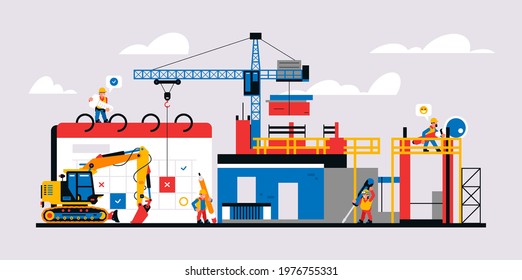 Construction site and construction planning. Unfinished building readiness calendar, equipment, machines, crane, builders, workers, tools. Vector illustration isolated on background.