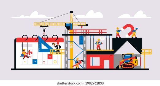 Construction site and construction planning. Unfinished building readiness calendar, equipment, machines, crane, builders, workers, tools. Vector illustration isolated on background.