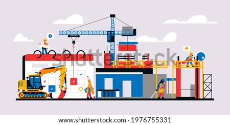 Construction site and construction planning. Unfinished building readiness calendar, equipment, machines, crane, builders, workers, tools. Vector illustration isolated on background.