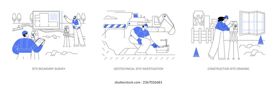 Construction site preparation abstract concept vector illustration set. Site boundary survey, geotechnical investigation, construction site grading, topographic measurement abstract metaphor.