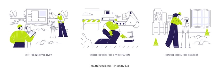 Construction site preparation abstract concept vector illustration set. Site boundary survey, geotechnical investigation, construction site grading, topographic measurement abstract metaphor.