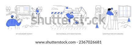 Construction site preparation abstract concept vector illustration set. Site boundary survey, geotechnical investigation, construction site grading, topographic measurement abstract metaphor.