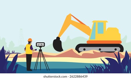 Construction site preparation vector. Architects and engineers conducting site grading and cabin foundation work for new building construction. Process of new development project