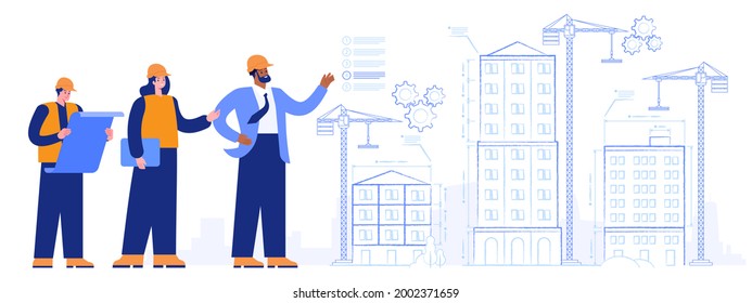 Construction site of project future house. Foreman and architects team with project plans looking at building of schematic facades with measurements. Vector illustration scene with people characters