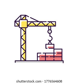 Construction Site RGB Color Icon. Crane For Building And Lifting Concrete. Worker For Urban Constructing Of Apartment Tower. Machinery To Build Real Estate. Isolated Vector Illustration