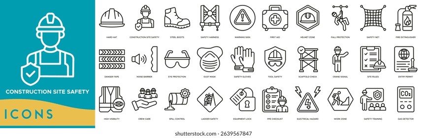Construction Site Safety icon set. Hard Hat, Construction Site Safety, Steel Boots, Safety Harness, Warning Sign, First Aid, Helmet Zone and Fall Protection