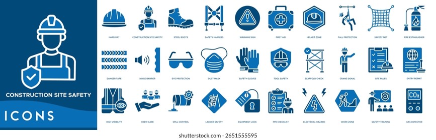 Conjunto de ícones de Segurança do Local de Construção. Chapéu, Segurança no Local de Construção, Botas de Aço, Arnês de Segurança, Sinal de Aviso, Primeiros Socorros, Zona do Capacete e Proteção contra Quedas