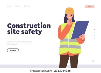 Construction site safety landing page design template with female engineer character checking manual