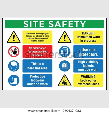construction site safety sign with warnings and instructions. Ideal for illustrating construction safety and workplace hazards